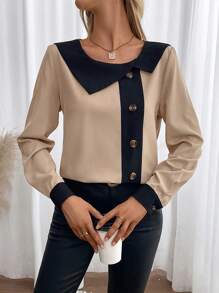 EMERY ROSE 撞色领扣细节衬衫，长袖上衣 - 卡其色 - 查看 2