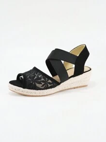 女士时尚草编网眼透气休闲度假厚底坡跟凉鞋 - 黑色 - 查看 5