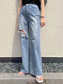 DAZY Ripped Straight Leg Jeans - Blue - View 7