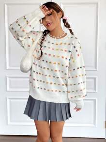 SHEIN EZwear 滿版刺繡圖案落肩袖套頭毛衣 - 米色 - 查看 4