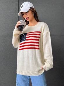SHEIN EZwear American Flag Pattern Drop Shoulder Sweater - Multicolor - View 4