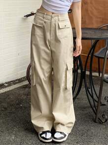 DAZY Solid Flap Pocket Side Cargo Pants - Beige - View 5