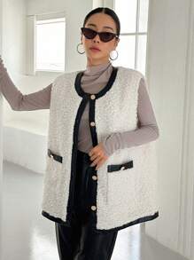 DAZY Tương phản ràng buộc Nút phía trước Teddy Áo vest - trắng - Xem 1