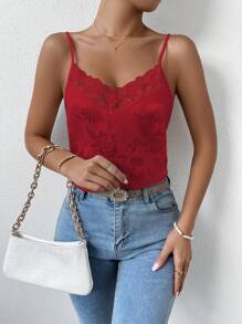 SHEIN LUNE Floral Jacquard Contrast Lace Satin Cami Top - Red - View 6