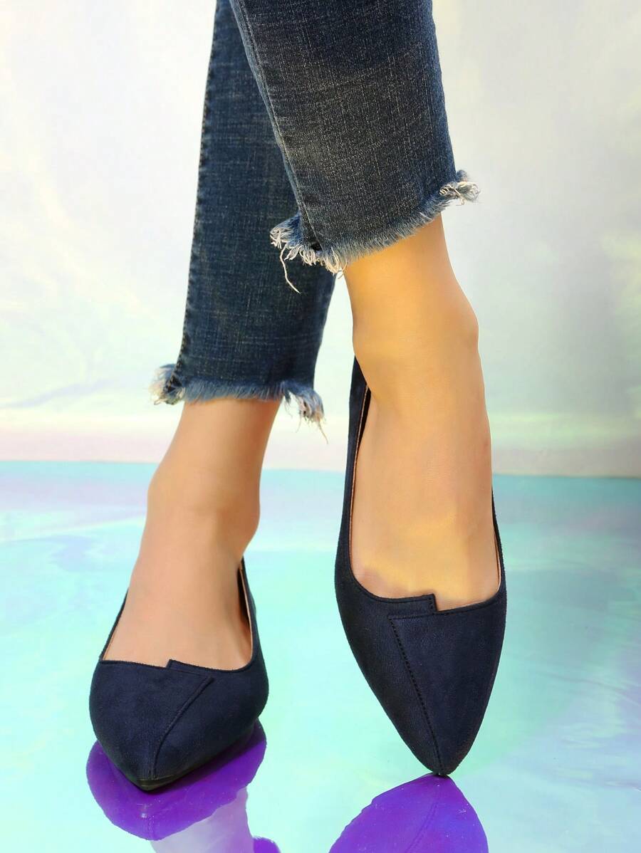 Women's Spring & Autumn Fashionable Pointed Toe Navy Blue Flat Shoes - Dusty Blue - View 1