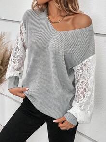 SHEIN LUNE Ren tương phản Tay áo lồng đèn Cổ v Áo len - Xám - Xem 4