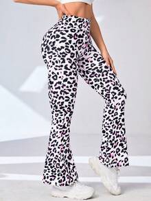 Leopard Print Wide Waistband Flare Leg Sports Pants - Multicolor - View 4