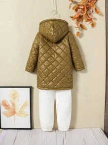 SHEIN 女小童前紐扣加絨內裏連帽外套&連帽衫和褲子 - 軍綠色 - 查看 2