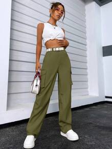 SHEIN Unity 女式休闲日常通勤简约百搭时尚街头时尚纯色翻盖口袋工装裤 - 軍綠色 - 查看 3