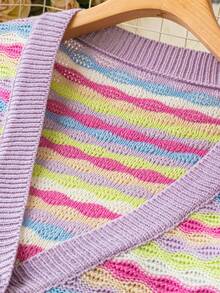 Calvaya Hơn Sọc đầy màu sắc Mẫu Thả vai Áo len Mở - Nhiều màu - Xem 3