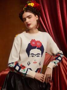 Frida Kahlo X SHEIN Figure Pattern Drop Shoulder Sweater - Apricot - View 6