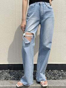 DAZY Ripped Straight Leg Jeans - Blue - View 8