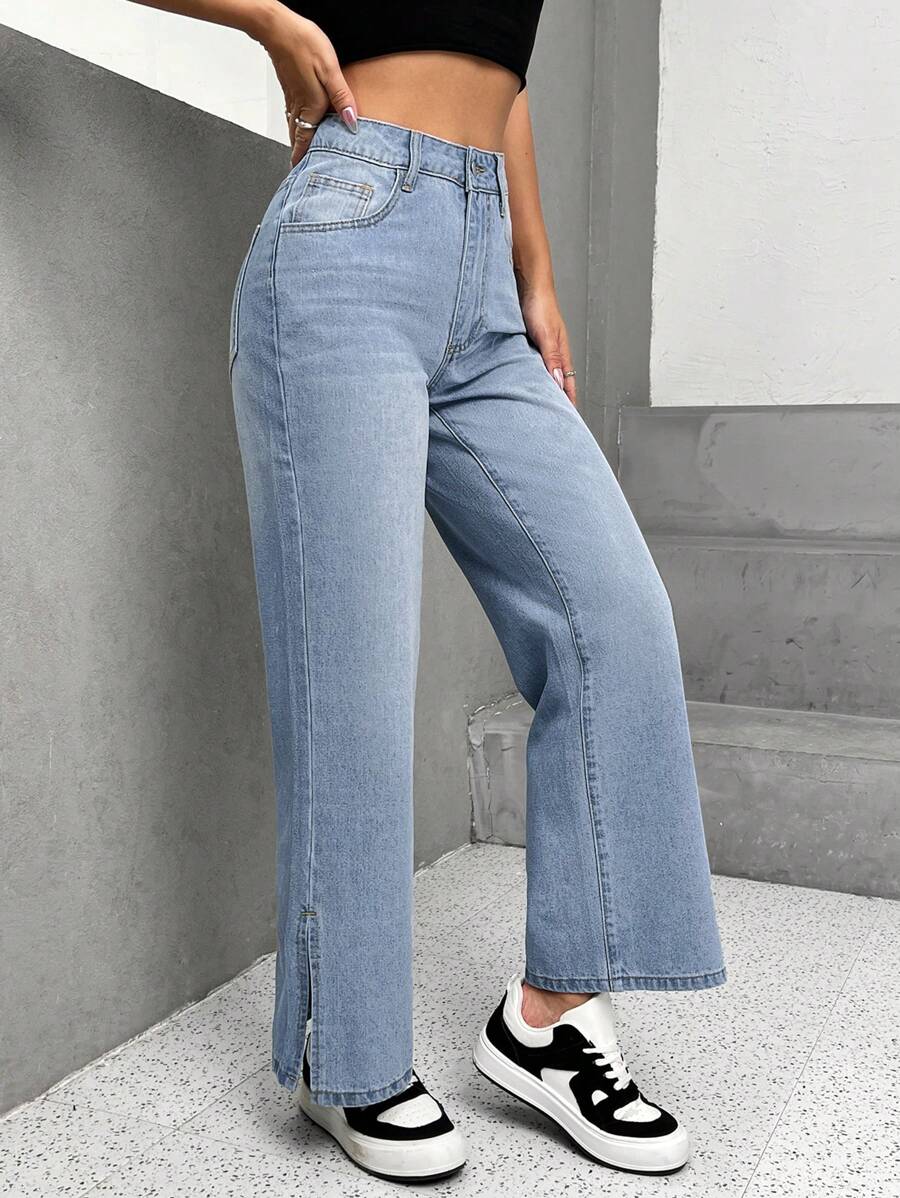 SHEIN PETITE 開衩下擺直筒牛仔褲 - 淺色水洗藍 - 查看 1