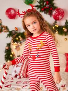少女條紋麋鹿印花聖誕家居服,姐妹配對緊身睡衣套裝 - 彩色 - 查看 3