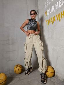 側翻蓋口袋腰部抽繩工裝降落傘褲 - 卡其色 - 查看 4