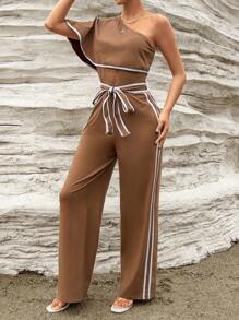 SHEIN Privé Jumpsuit mit einer Schulter frei, Kontrastsaum, Gürtel, - Braun - Übersicht 3