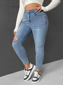 SHEIN EZwear Plus High Waist Skinny Jeans - Blue - View 3
