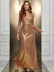 SHEIN Belle Vestido de vestir con lentejuela en contraste - Dorado - Ver 5