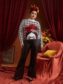 Frida Kahlo X SHEIN Plus Houndstooth & Figure Pattern Sweater - Multicolor - View 3