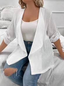 SHEIN LUNE Hơn Cổ áo thác nước Tay áo cuộn Mở Mặt trước áo - trắng - Xem 4