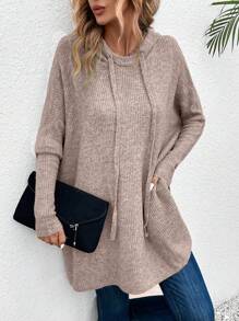 SHEIN LUNE Suéter de punto con capucha con cordón y mangas de murciélago para otoño e invierno - Caqui - Ver 6