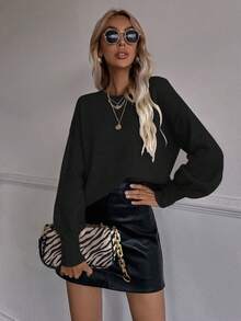 SHEIN Frenchy 素色落肩袖套頭毛衣 - 黑色 - 查看 3