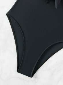 Ruffle Trim Tie Front One Piece Swimsuit - Black - View 4