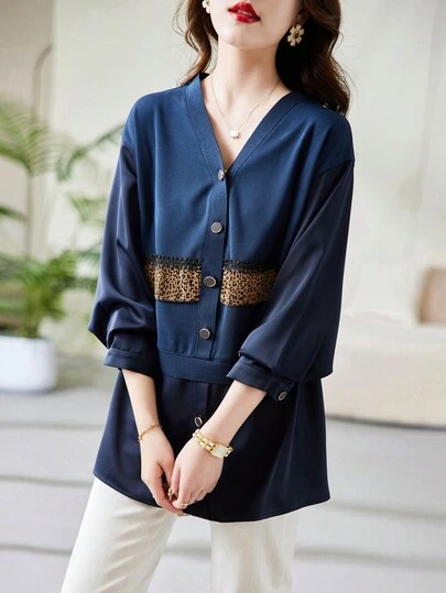 Contrast Panel Drop Shoulder Button Front Blouse