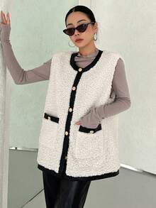 DAZY Tương phản ràng buộc Nút phía trước Teddy Áo vest - trắng - Xem 5