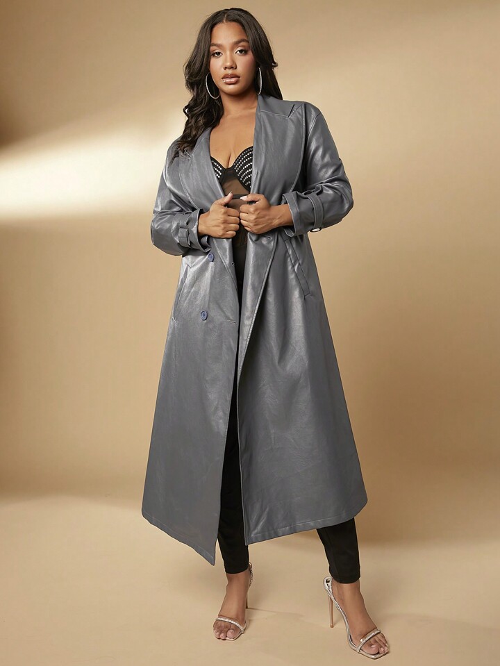 SHEIN SXY Plus Peak Collar Belted PU Leather Trench Coat