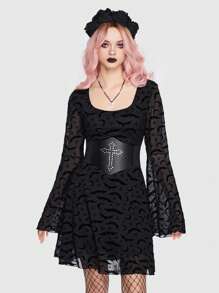 ROMWE Goth Bat Print Flare Sleeve Mesh Dress - Black - View 5