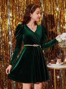 SHEIN Leap Crew Váy ngắn nhung tay lỡ cổ chữ V màu xanh lá cây cho bé gái tuổi teen dự tiệc/tốt nghiệp - màu xanh lá - Xem 4