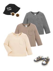 SHEIN 男嬰3入組素色口袋貼布T恤 - 彩色 - 查看 1