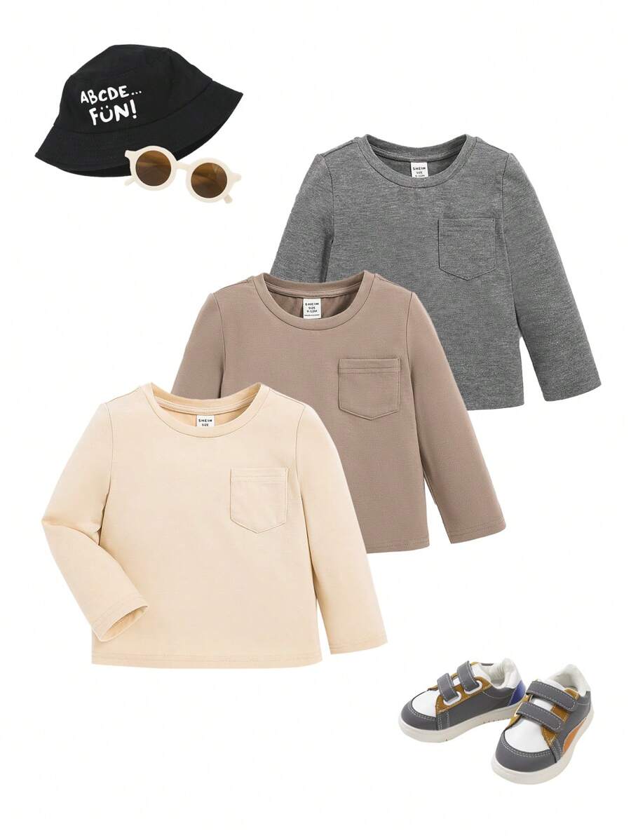 SHEIN 男嬰3入組素色口袋貼布T恤 - 彩色 - 查看 1