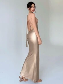 Aloruh Women'S Glossy Backless Prom Dress For Valentine'S Day, Dating And Parties - Champagne - View 4