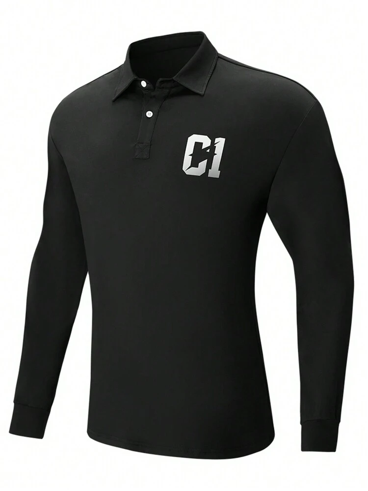 Men Letter Graphic Sports Polo Shirt Workout Tops Golf Shirt