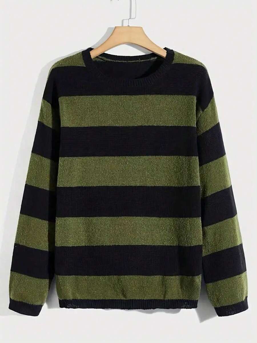 Men Striped Drop Shoulder Sweater - Green - View 1