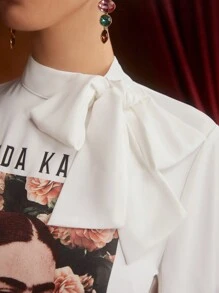 Frida Kahlo X SHEIN Đồ họa Hình & Khẩu hiệu Cà vạt Tay áo lồng đèn Áo sơ mi - trắng - Xem 5