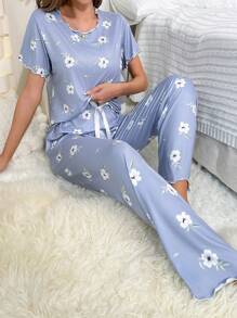 Floral Print Lettuce Trim PJ Set / Pajama Set Lounge Wear Setpajamas Set For Womanblue Pajama Set - Blue - View 1