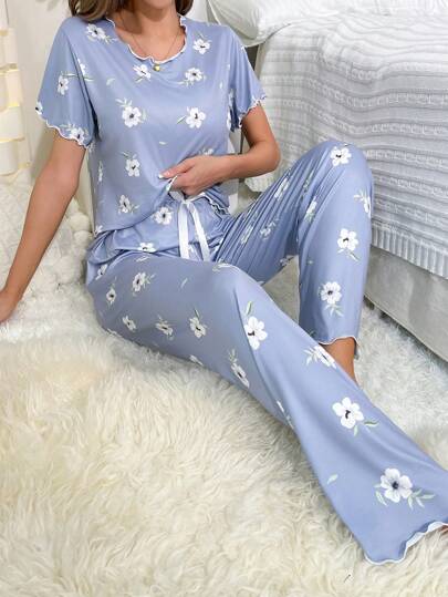 Floral Print Lettuce Trim PJ Set / Pajama Set Lounge Wear Setpajamas Set For Womanblue Pajama Set