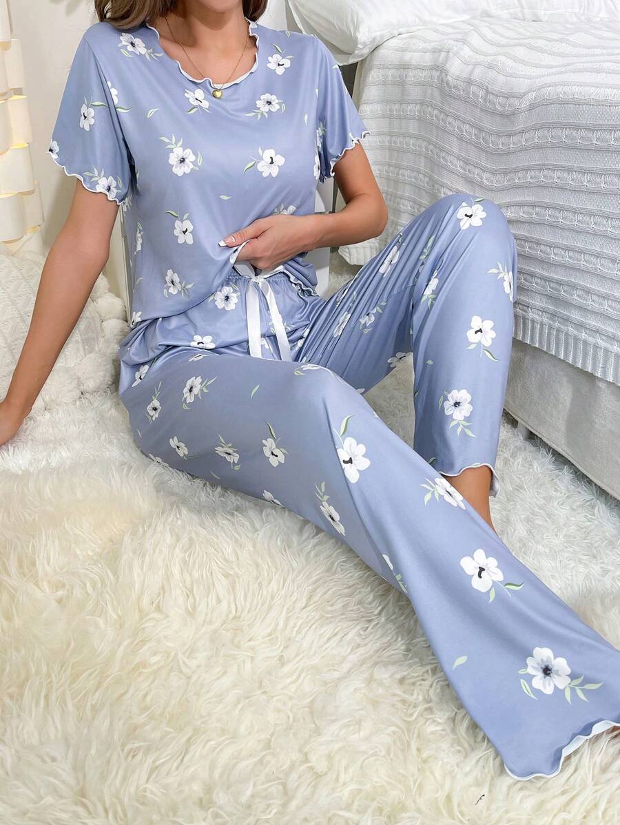 Floral Print Lettuce Trim PJ Set / Pajama Set Lounge Wear Setpajamas Set For Womanblue Pajama Set - Blue - View 1