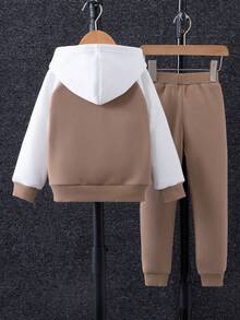 SHEIN Chàng trai trẻ Hai âm Chi tiết Patched thư Khóa kéo UP Áo Hoodie & Quần thể thao Without Tee - Màu Khaki - Xem 2