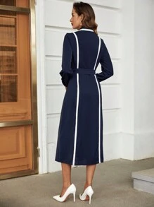 SHEIN Clasi 拼接邊腰帶襯衫洋裝 - 藏蓝色 - 查看 2
