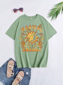 青少年女孩太陽&字母圖案T恤