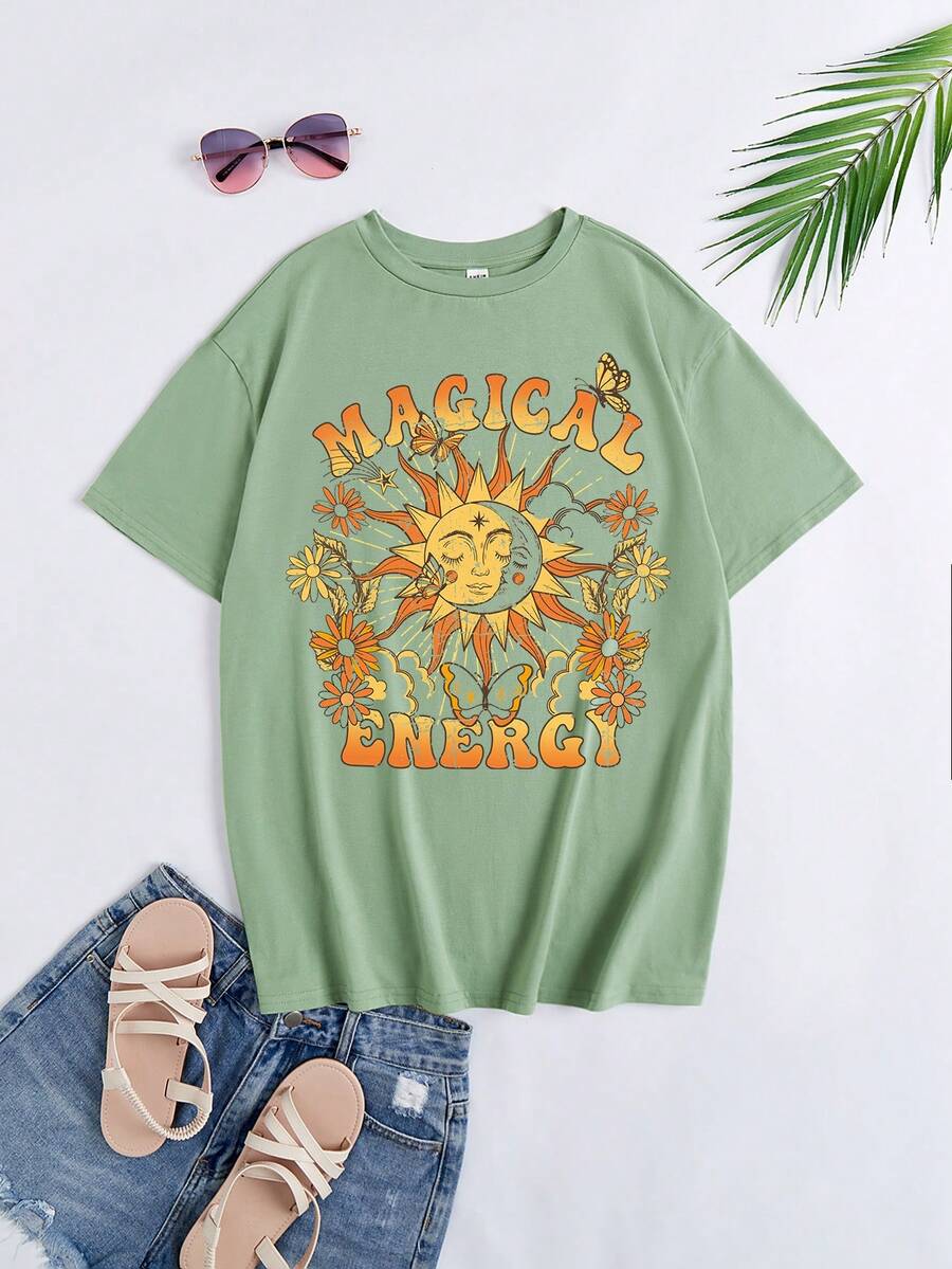 青少年女孩太陽&字母圖案T恤