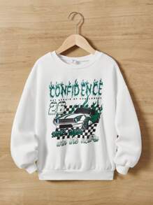 SHEIN 女大童汽車和字母圖案落肩袖保暖套頭衫