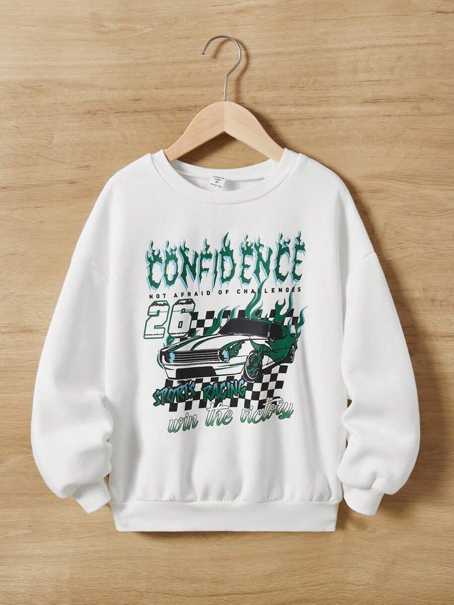 SHEIN 女大童汽車和字母圖案落肩袖保暖套頭衫