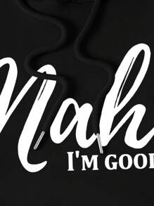 SHEIN LUNE 字母圖案袋鼠口袋抽繩連帽衫 - 黑色 - 查看 3