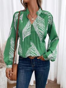 Breezaya Bản in nhiệt đới Đường viền cổ có rãnh Tay áo lồng đèn Áo sơ mi - Màu xanh lá cây đậm - Xem 4