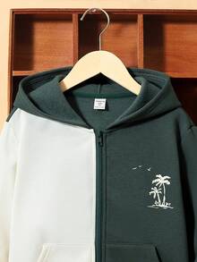 SHEIN 男童双色字母和棕榈树印花保暖内衬卫衣 - 墨綠色 - 查看 4